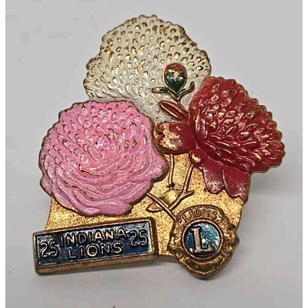 Lions Club Lapel Pin 25 Indiana Lions 25 Peony Flowers Gold Tone Enamel Badge
